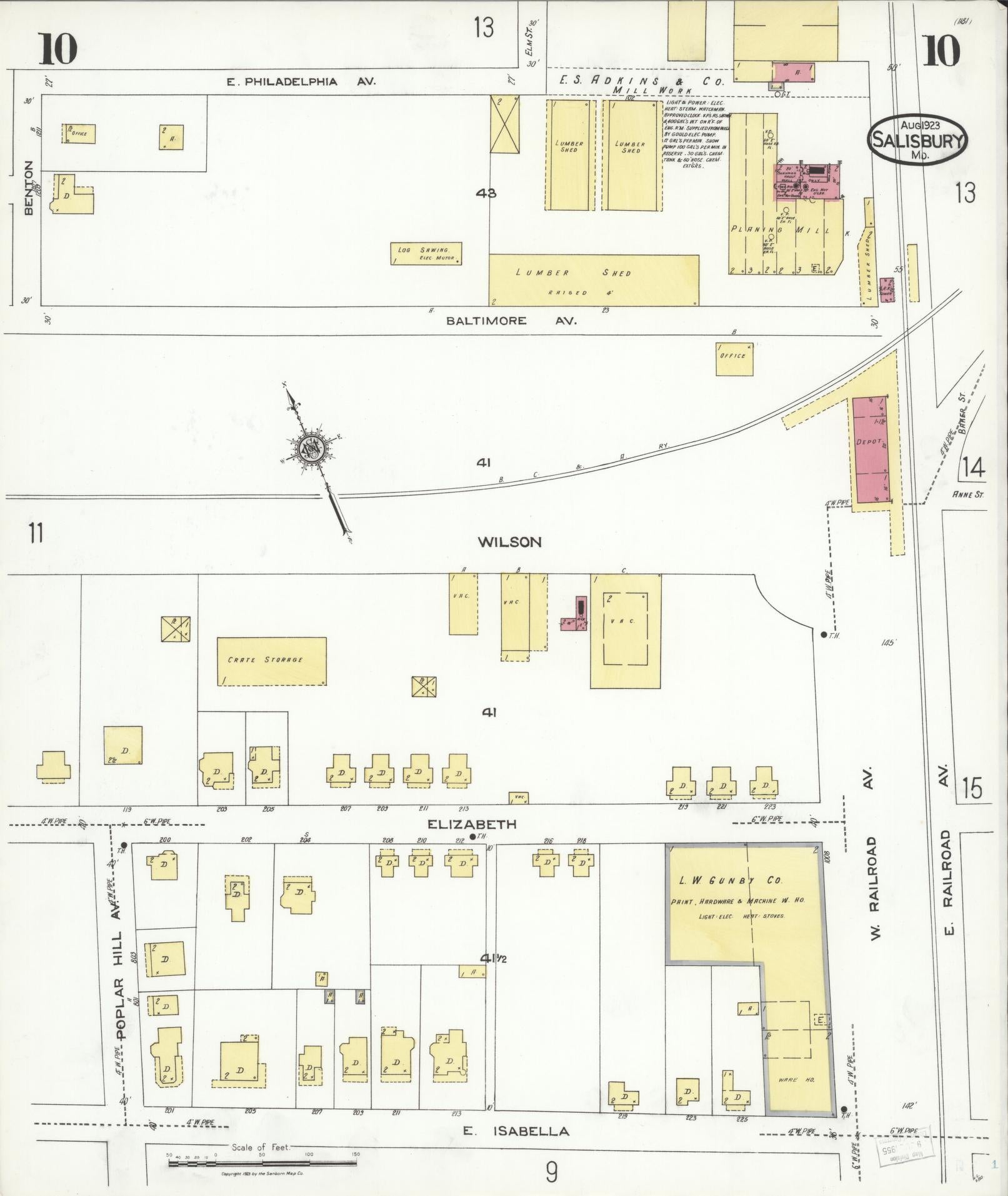 Sanborn Fire Insurance Map from Salisbury, Wicomico County, Maryland (1923), Sheet #0010 - Historic Sanborn Fire Insurance Map Print, vintage old map wall art, antique decor, genealogy gift, Maryland Maryland map