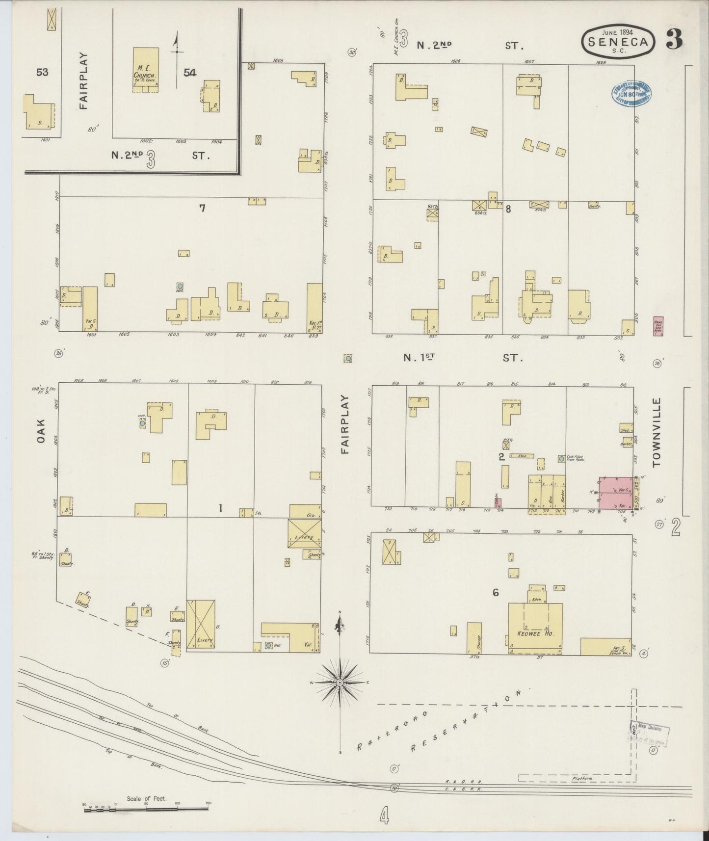 Sanborn Fire Insurance Map from Seneca, Oconee County, South Carolina (1894), Sheet #0003 - Complete Map Set gallery image, historic Sanborn map, vintage wall art, South Carolina South Carolina
