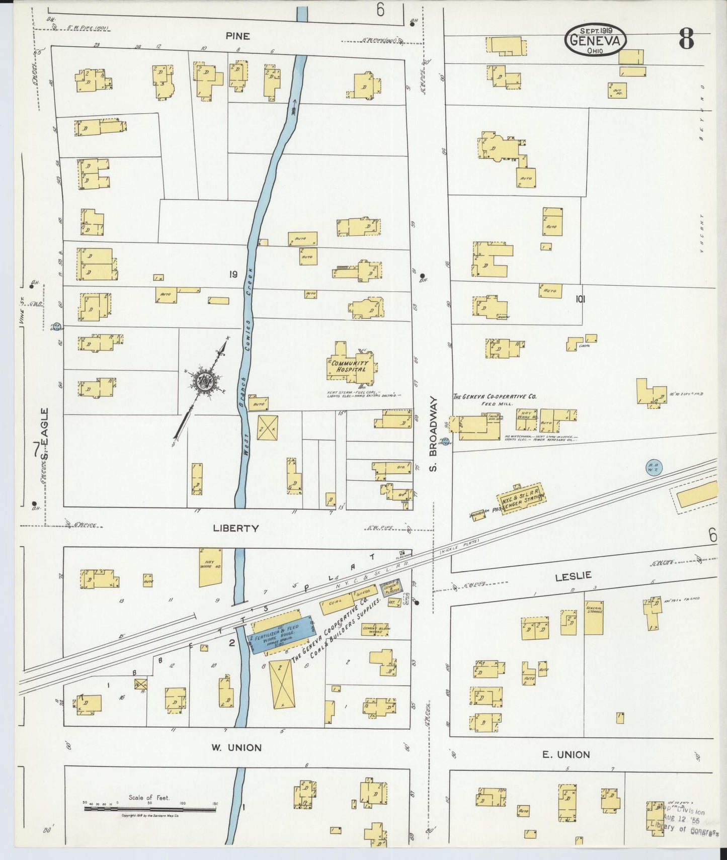 Sanborn Fire Insurance Map from Geneva, Ashtabula County, Ohio (1919), Sheet #0008 - Historic Sanborn Fire Insurance Map Print, vintage old map wall art, antique decor, genealogy gift, Ohio Ohio map