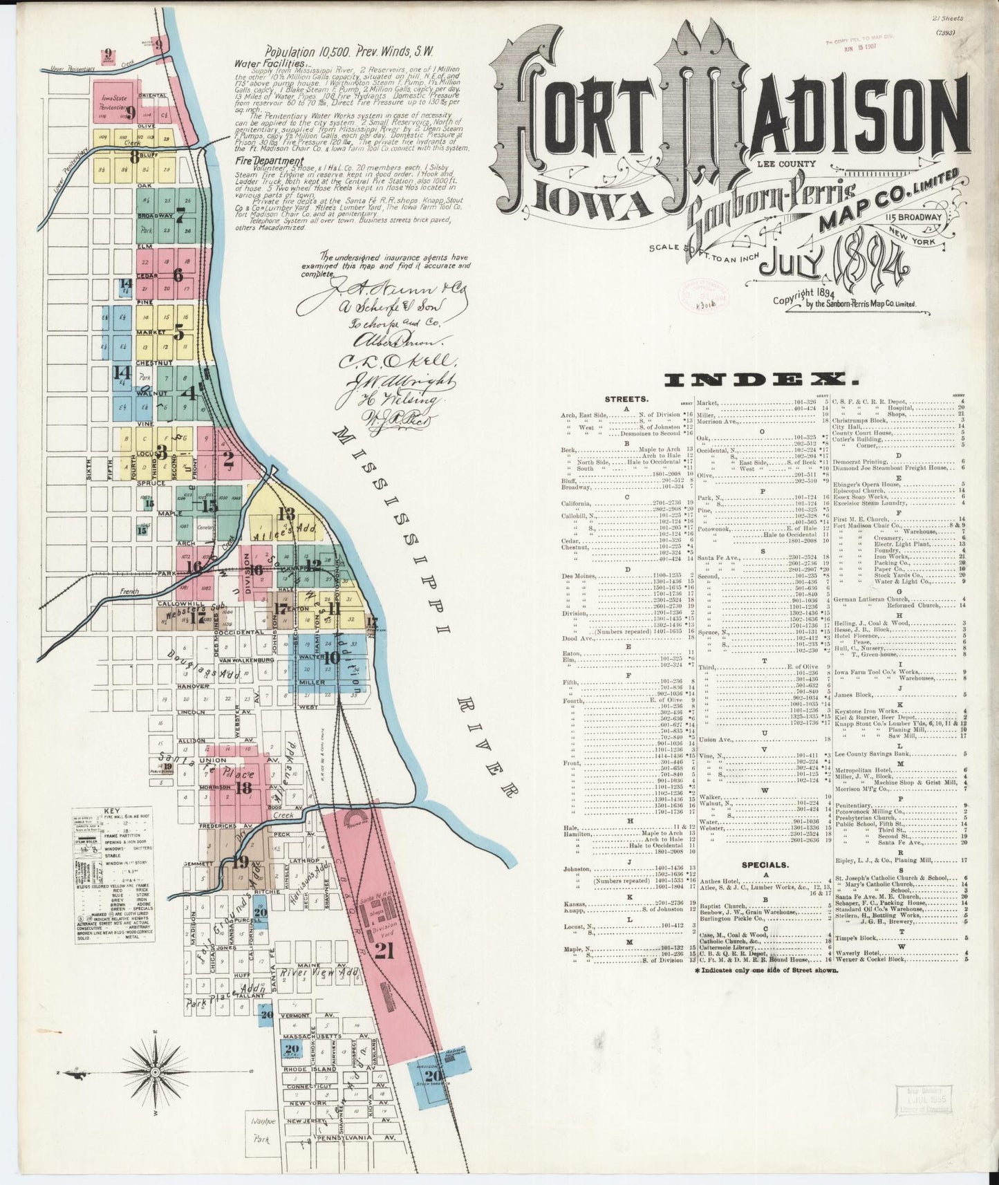 Sanborn Fire Insurance Map from Fort Madison, Lee County, Iowa (1894), Sheet #0001 - Historic Sanborn Fire Insurance Map Print, vintage old map wall art