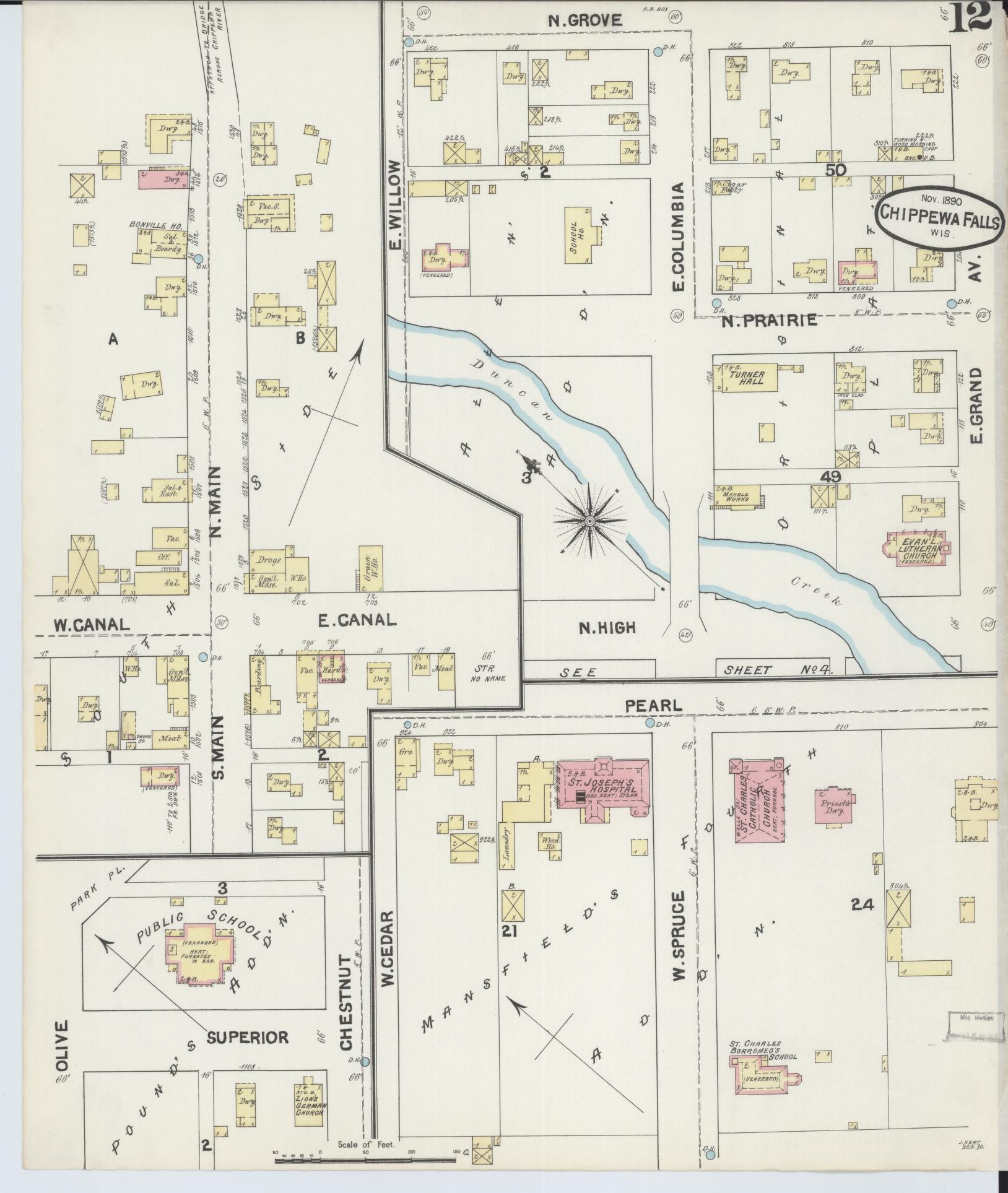 Sanborn Fire Insurance Map from Chippewa Falls, Chippewa County, Wisconsin (1890), Sheet #0012 - Historic Sanborn Fire Insurance Map Print, vintage old map wall art, antique decor, genealogy gift, Wisconsin Wisconsin map