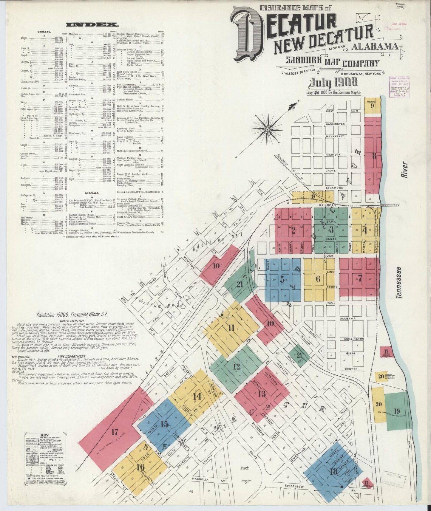 Sanborn Fire Insurance Map from Decatur, Morgan County, Alabama (1908), Sheet #0001 - Historic Sanborn Fire Insurance Map Print, vintage old map wall art, antique decor, genealogy gift, Alabama Alabama map