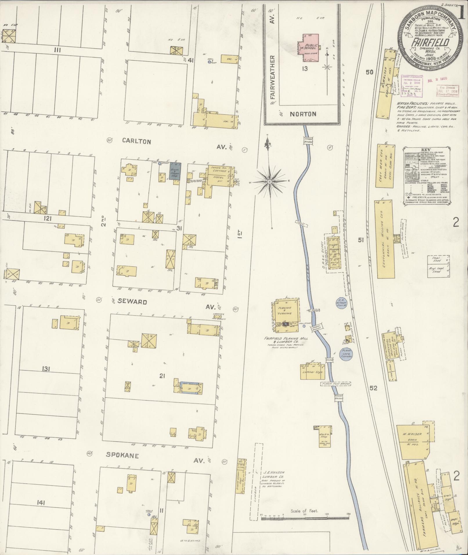Sanborn Fire Insurance Map from Fairfield, Spokane County, Washington (1908), Sheet #0001 - Historic Sanborn Fire Insurance Map Print, vintage old map wall art, antique decor, genealogy gift, Washington Washington map