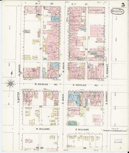 Sanborn Fire Insurance Map from Wichita, Sedgwick County, Kansas (1887), Sheet #0005 - Historic Sanborn Fire Insurance Map Print, vintage old map wall art, antique decor, genealogy gift, Kansas Kansas map