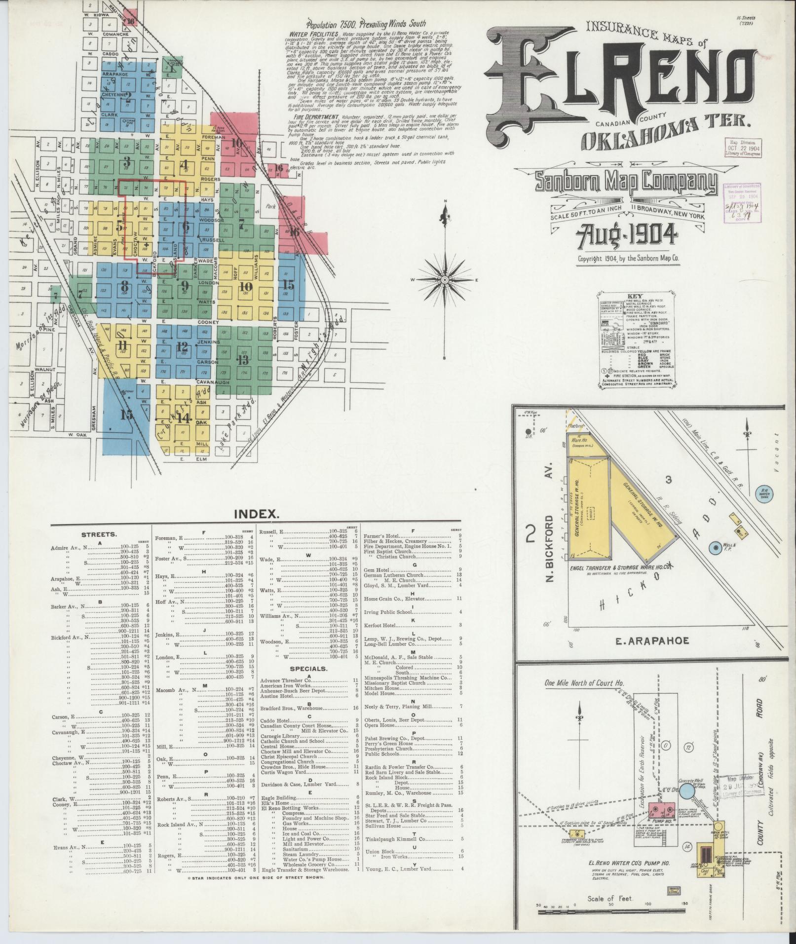 Sanborn Fire Insurance Map from El Reno, Canadian County, Oklahoma (1904), Sheet #0001 - Historic Sanborn Fire Insurance Map Print, vintage old map wall art, antique decor, genealogy gift, Oklahoma Oklahoma map