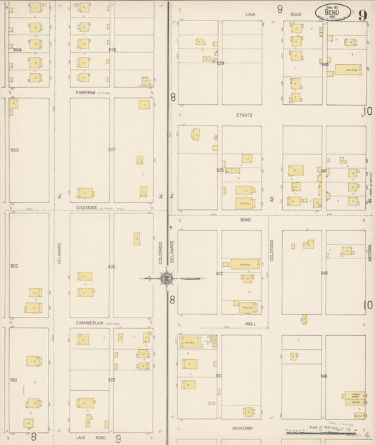 Sanborn Fire Insurance Map from Bend, Deschutes County, Oregon (1917), Sheet #0009 - Historic Sanborn Fire Insurance Map Print, vintage old map wall art, antique decor, genealogy gift, Oregon Oregon map