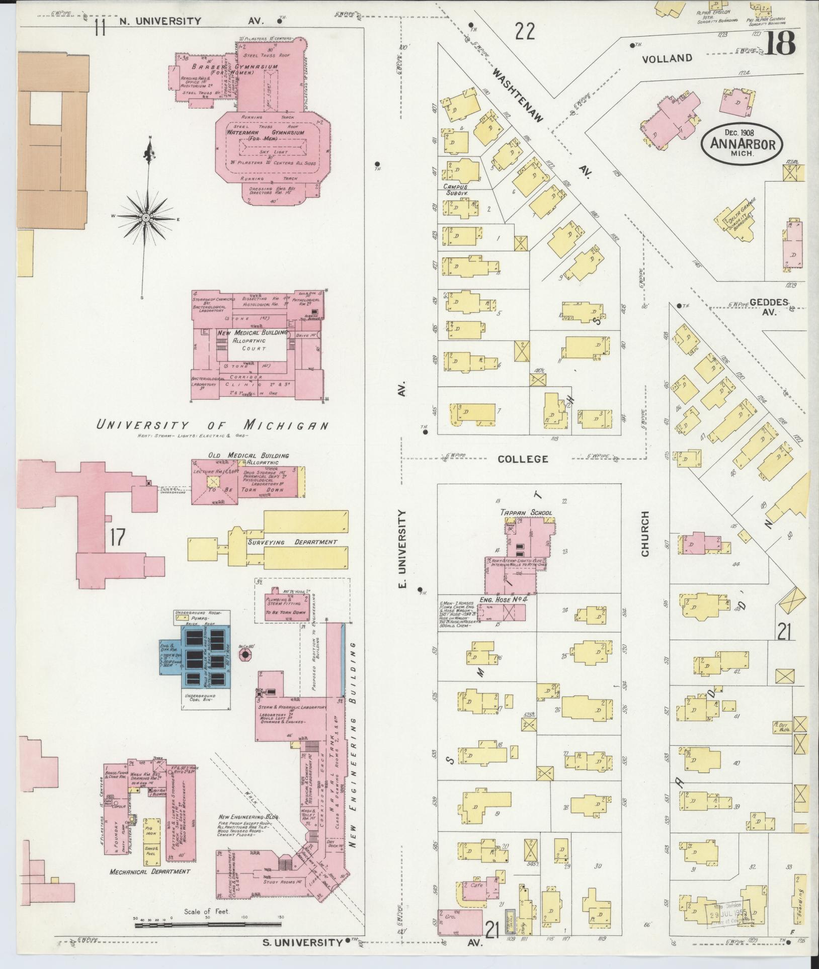 Sanborn Fire Insurance Map from Ann Arbor, Washtenaw County, Michigan (1908), Sheet #0018 - Historic Sanborn Fire Insurance Map Print, vintage old map wall art, antique decor, genealogy gift, Michigan Michigan map