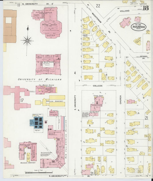 Sanborn Fire Insurance Map from Ann Arbor, Washtenaw County, Michigan (1908), Sheet #0018 - Historic Sanborn Fire Insurance Map Print, vintage old map wall art, antique decor, genealogy gift, Michigan Michigan map