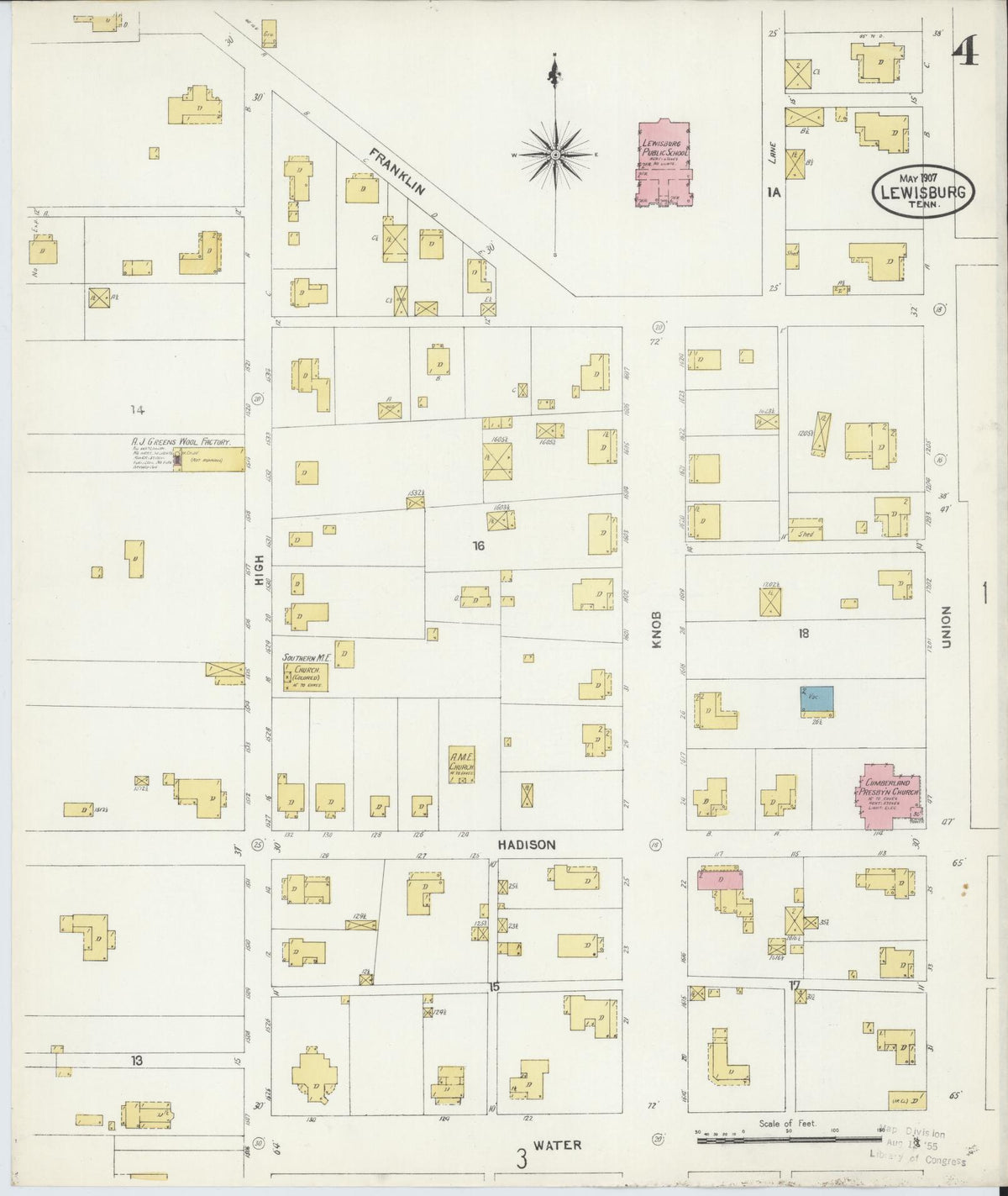 Sanborn Fire Insurance Map from Lewisburg, Marshall County, Tennessee (1907), Sheet #0004 - Complete Map Set gallery image, historic Sanborn map, vintage wall art, Tennessee Tennessee