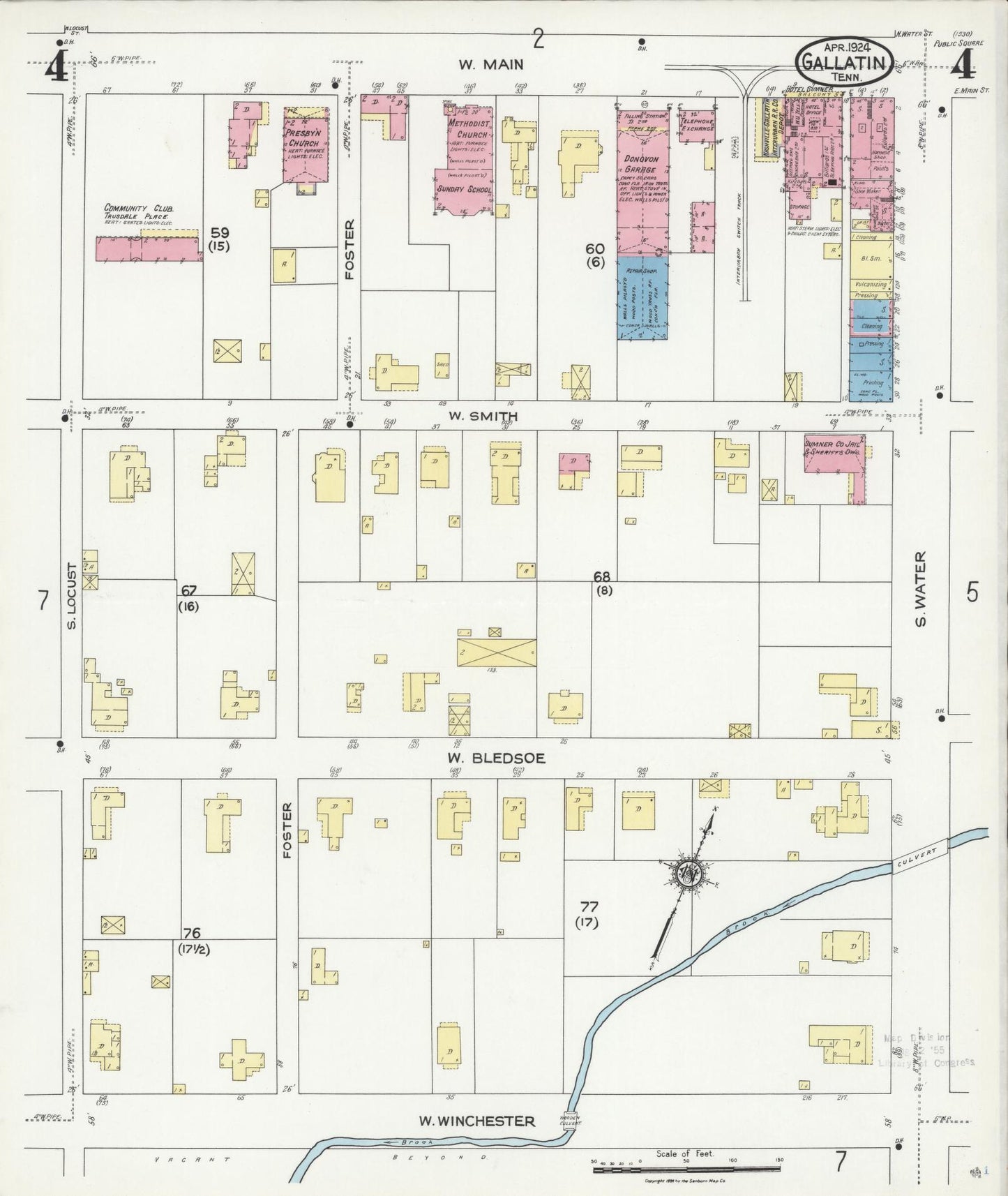 Sanborn Fire Insurance Map from Gallatin, Sumner County, Tennessee (1924), Sheet #0004 - Complete Map Set gallery image, historic Sanborn map, vintage wall art, Tennessee Tennessee