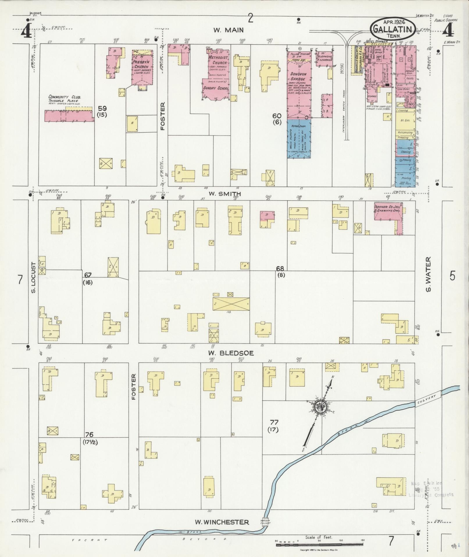 Sanborn Fire Insurance Map from Gallatin, Sumner County, Tennessee (1924), Sheet #0004 - Complete Map Set gallery image, historic Sanborn map, vintage wall art, Tennessee Tennessee