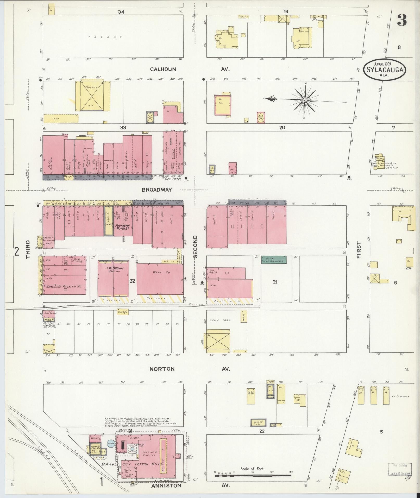 Sanborn Fire Insurance Map from Sylacauga, Talladega County, Alabama (1909), Sheet #0003 - Complete Map Set gallery image, historic Sanborn map, vintage wall art, Alabama Alabama