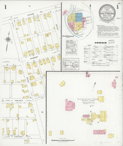 Sanborn Fire Insurance Map from Saltsburg, Indiana County, Pennsylvania (1927), Sheet #0001 - Historic Sanborn Fire Insurance Map Print, vintage old map wall art, antique decor, genealogy gift, Saltsburg Indiana map