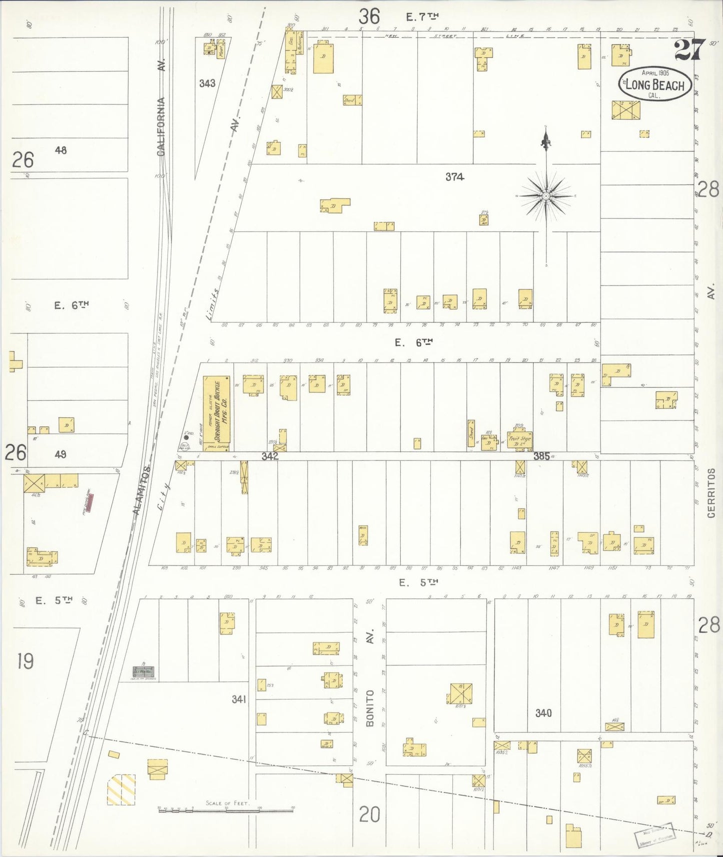 Sanborn Fire Insurance Map from Long Beach, Los Angeles County, California (1905), Sheet #0027 - Complete Map Set gallery image, historic Sanborn map, vintage wall art, California California