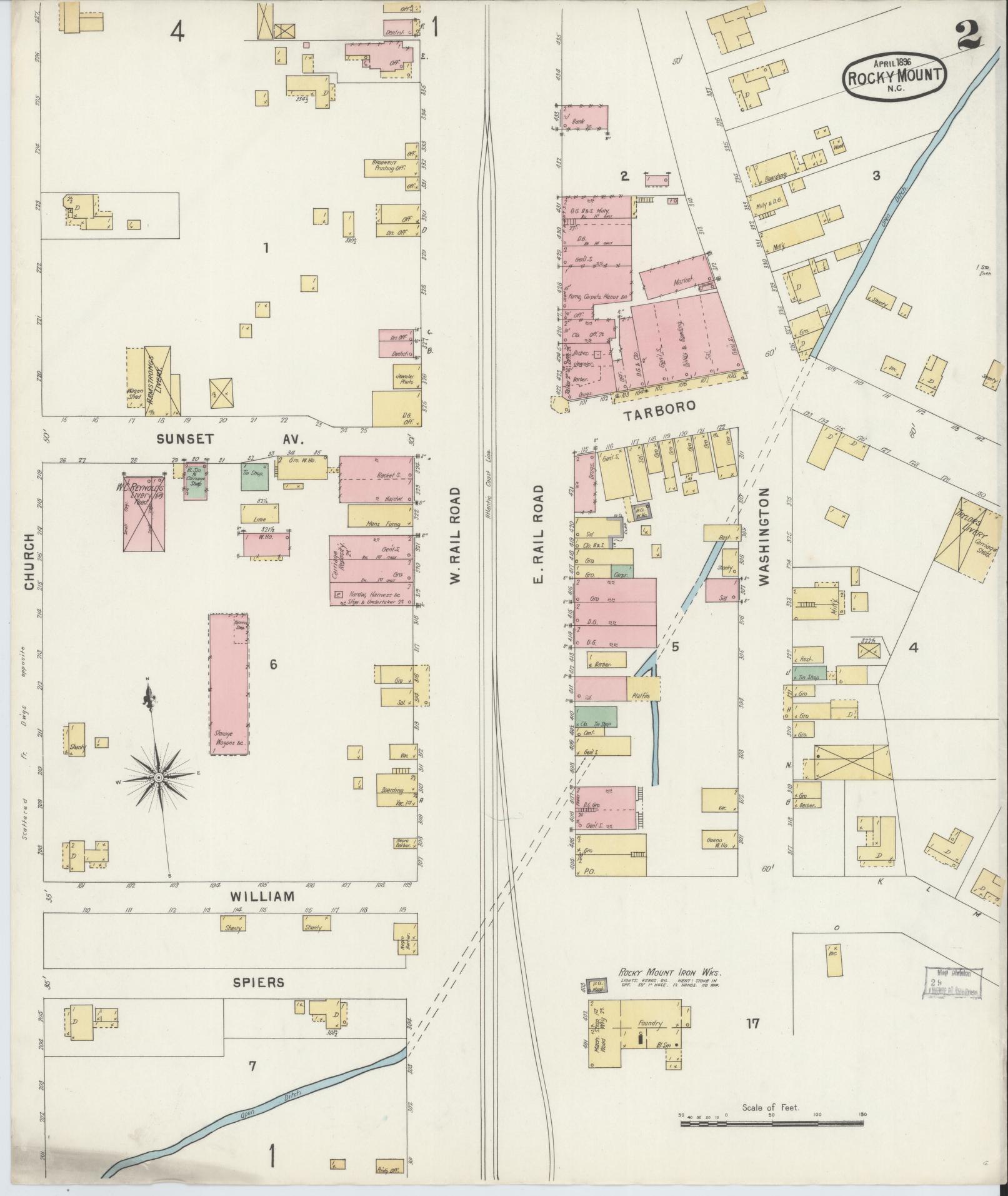 Sanborn Fire Insurance Map from Rocky Mount, Edgecombe And Nash Counties, North Carolina (1896), Sheet #0002 - Historic Sanborn Fire Insurance Map Print, vintage old map wall art, antique decor, genealogy gift, North Carolina North Carolina map