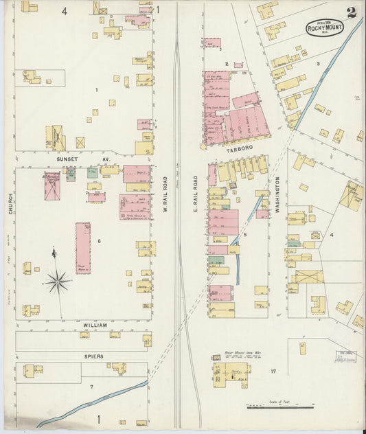 Sanborn Fire Insurance Map from Rocky Mount, Edgecombe And Nash Counties, North Carolina (1896), Sheet #0002 - Historic Sanborn Fire Insurance Map Print, vintage old map wall art, antique decor, genealogy gift, North Carolina North Carolina map