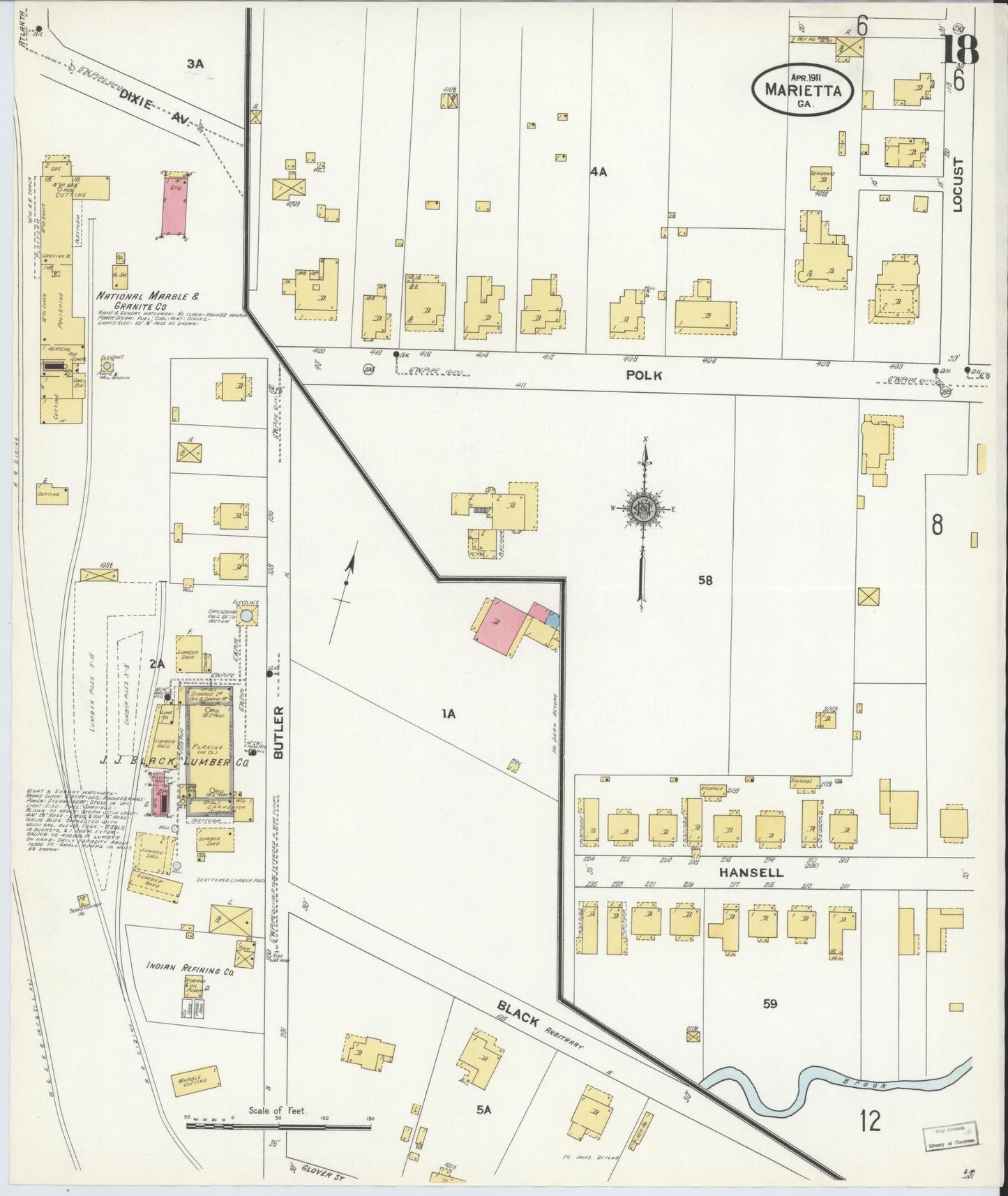 Sanborn Fire Insurance Map from Marietta, Cobb County, Georgia (1911), Sheet #0018 - Historic Sanborn Fire Insurance Map Print, vintage old map wall art, antique decor, genealogy gift, Georgia Georgia map