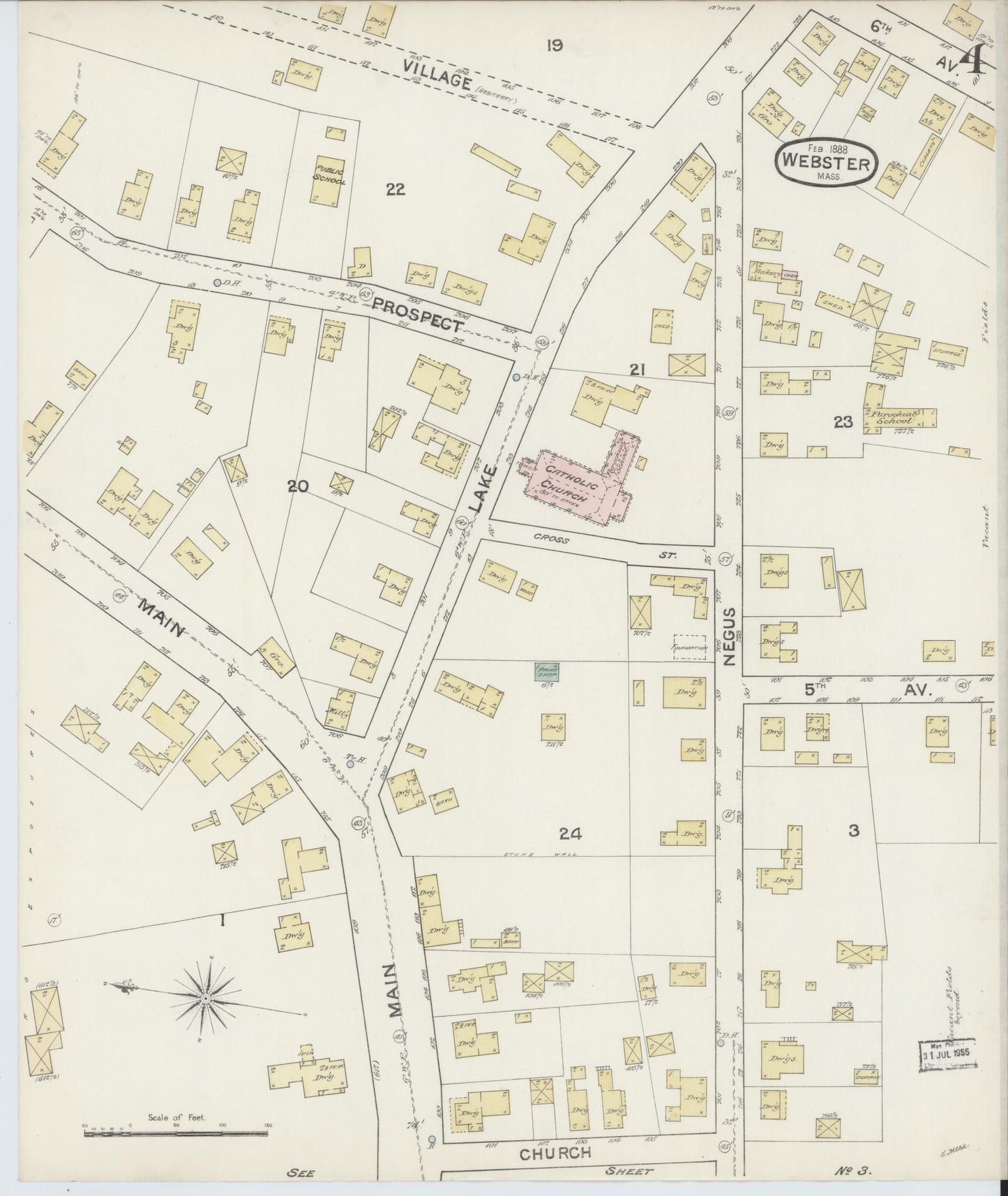 Sanborn Fire Insurance Map from Webster, Worcester County, Massachusetts (1888), Sheet #0004 - Complete Map Set gallery image, historic Sanborn map, vintage wall art, Massachusetts Massachusetts