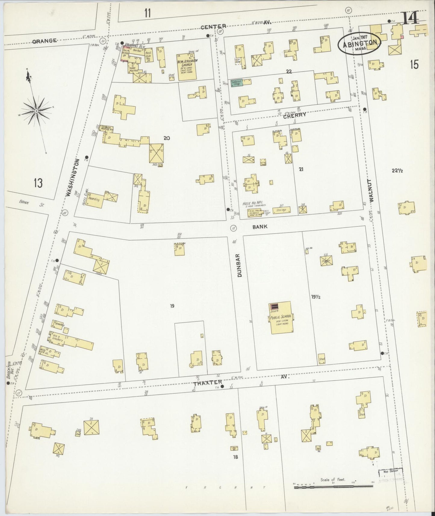 Sanborn Fire Insurance Map from Abington, Plymouth County, Massachusetts (1907), Sheet #0014 - Historic Sanborn Fire Insurance Map Print, vintage old map wall art, antique decor, genealogy gift, Massachusetts Massachusetts map