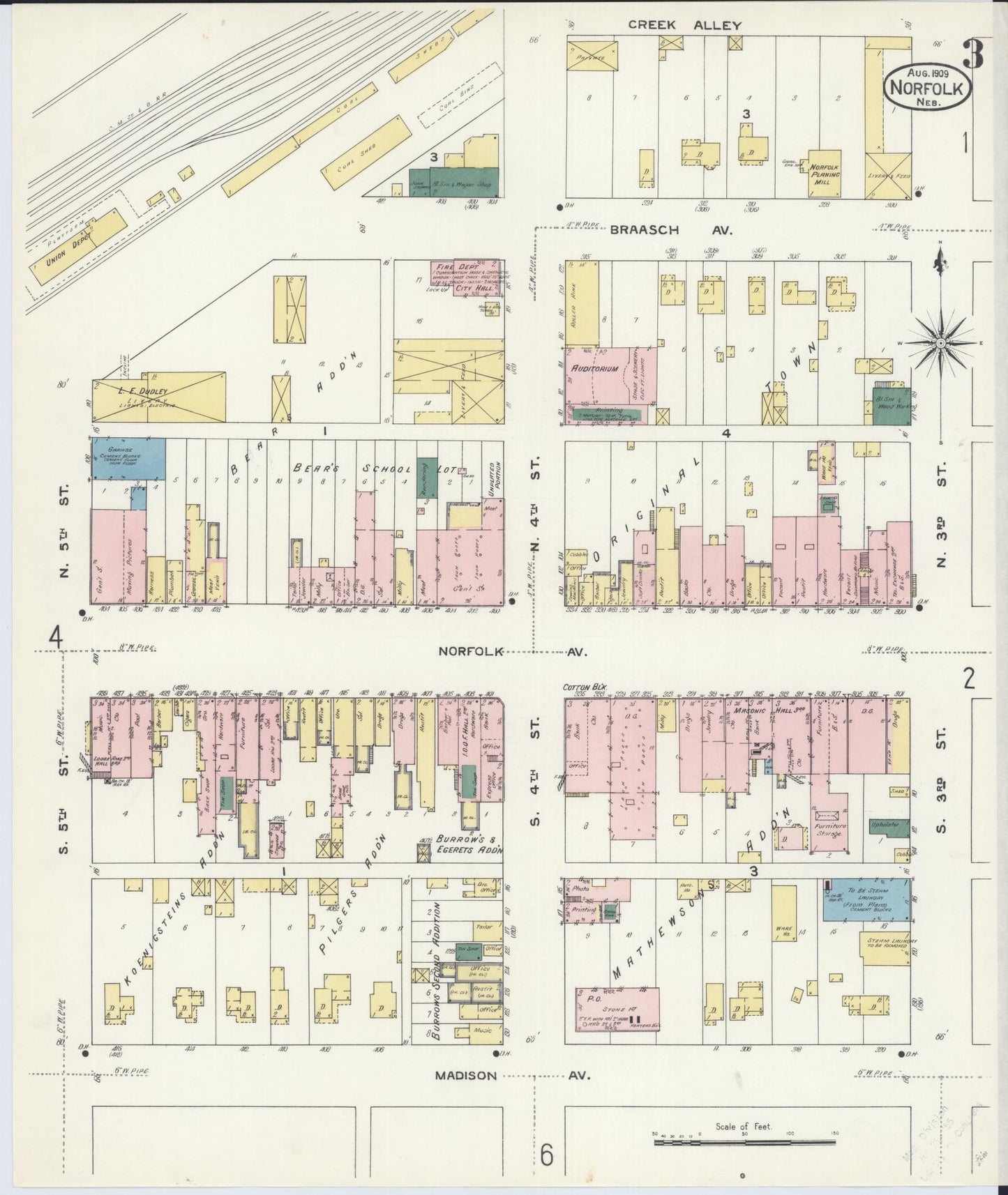 Sanborn Fire Insurance Map from Norfolk, Madison County, Nebraska (1909), Sheet #0003 - Historic Sanborn Fire Insurance Map Print, vintage old map wall art, antique decor, genealogy gift, Nebraska Nebraska map