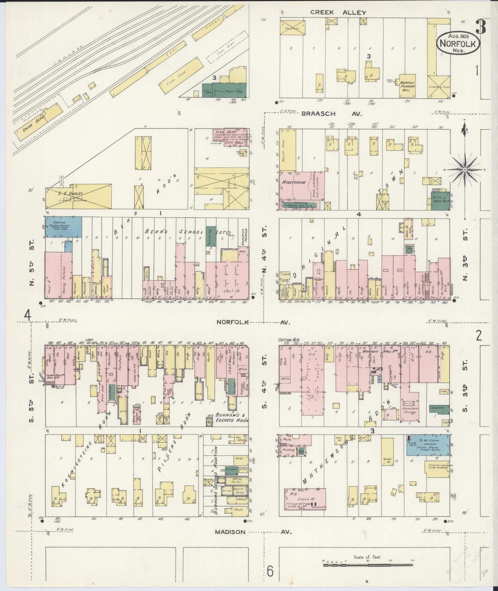Sanborn Fire Insurance Map from Norfolk, Madison County, Nebraska (1909), Sheet #0003 - Historic Sanborn Fire Insurance Map Print, vintage old map wall art, antique decor, genealogy gift, Nebraska Nebraska map