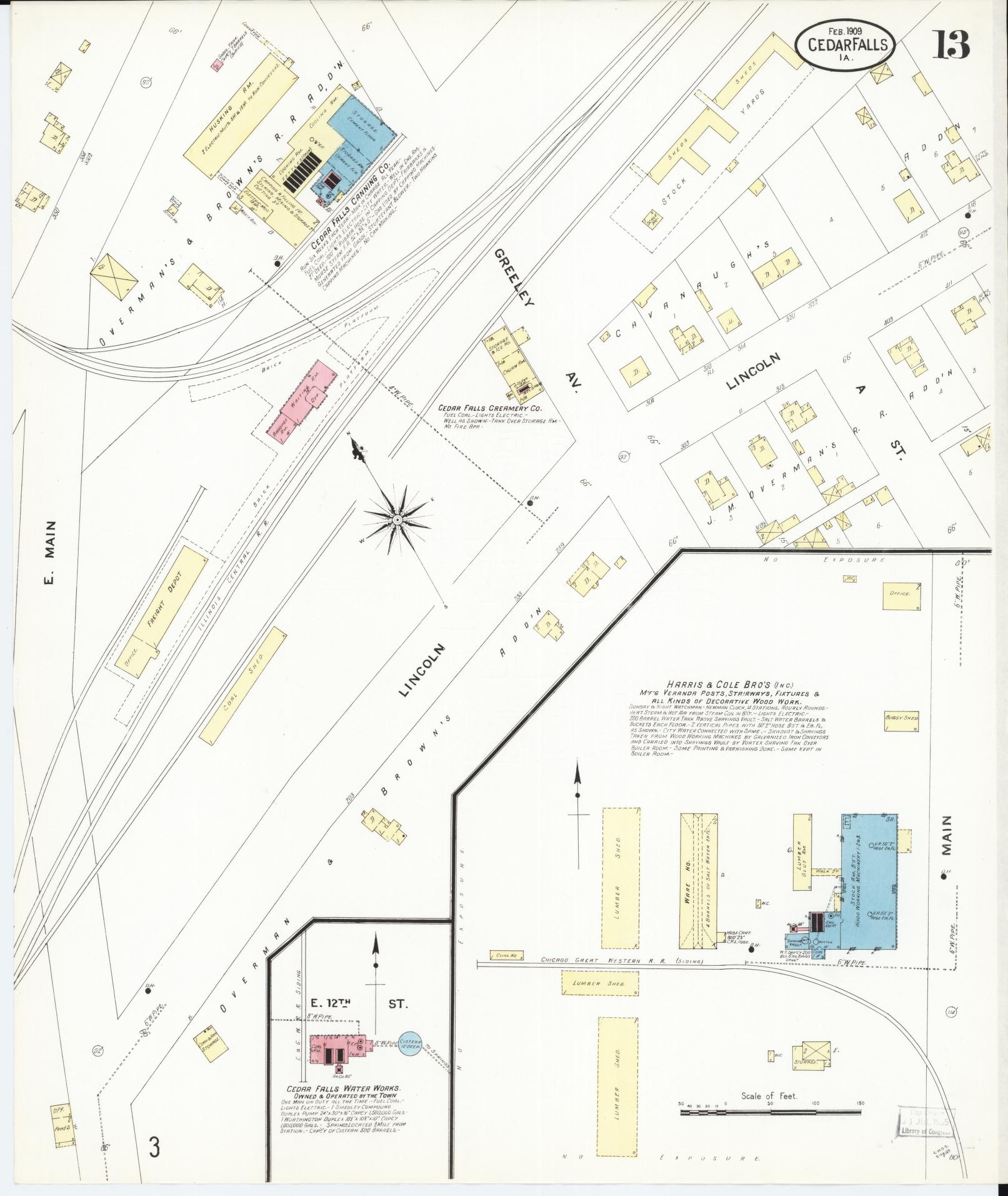 Sanborn Fire Insurance Map from Cedar Falls, Black Hawk County, Iowa (1909), Sheet #0013 - Historic Sanborn Fire Insurance Map Print, vintage old map wall art