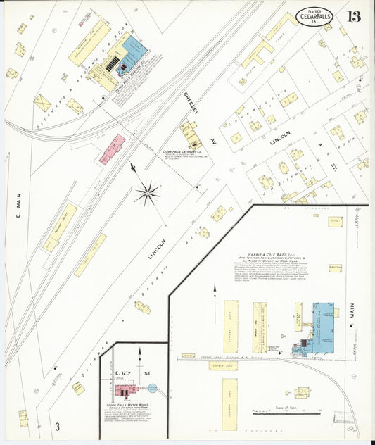 Sanborn Fire Insurance Map from Cedar Falls, Black Hawk County, Iowa (1909), Sheet #0013 - Historic Sanborn Fire Insurance Map Print, vintage old map wall art