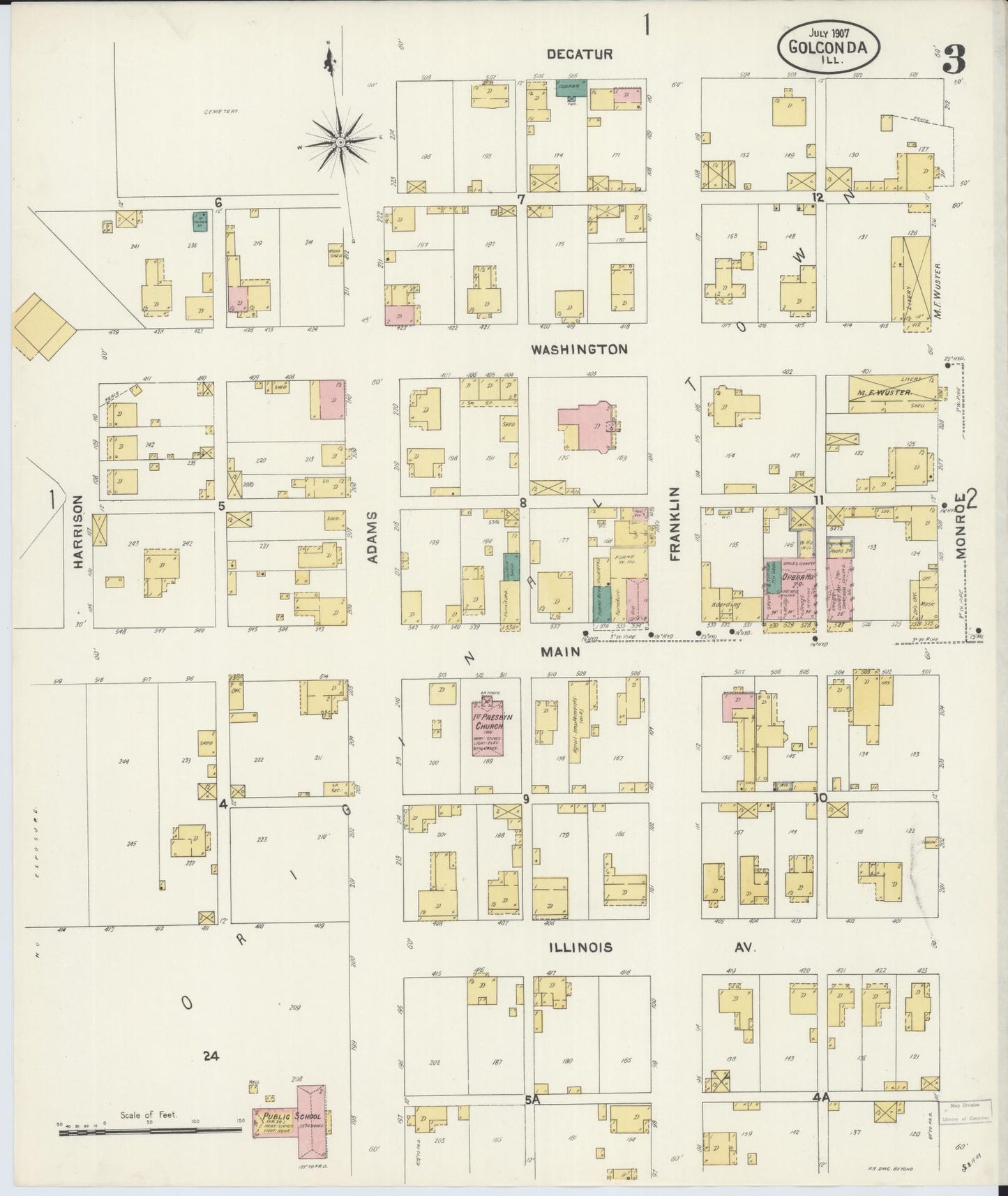 Sanborn Fire Insurance Map from Golconda, Pope County, Illinois (1907), Sheet #0003 - Complete Map Set gallery image, historic Sanborn map, vintage wall art, Illinois Illinois