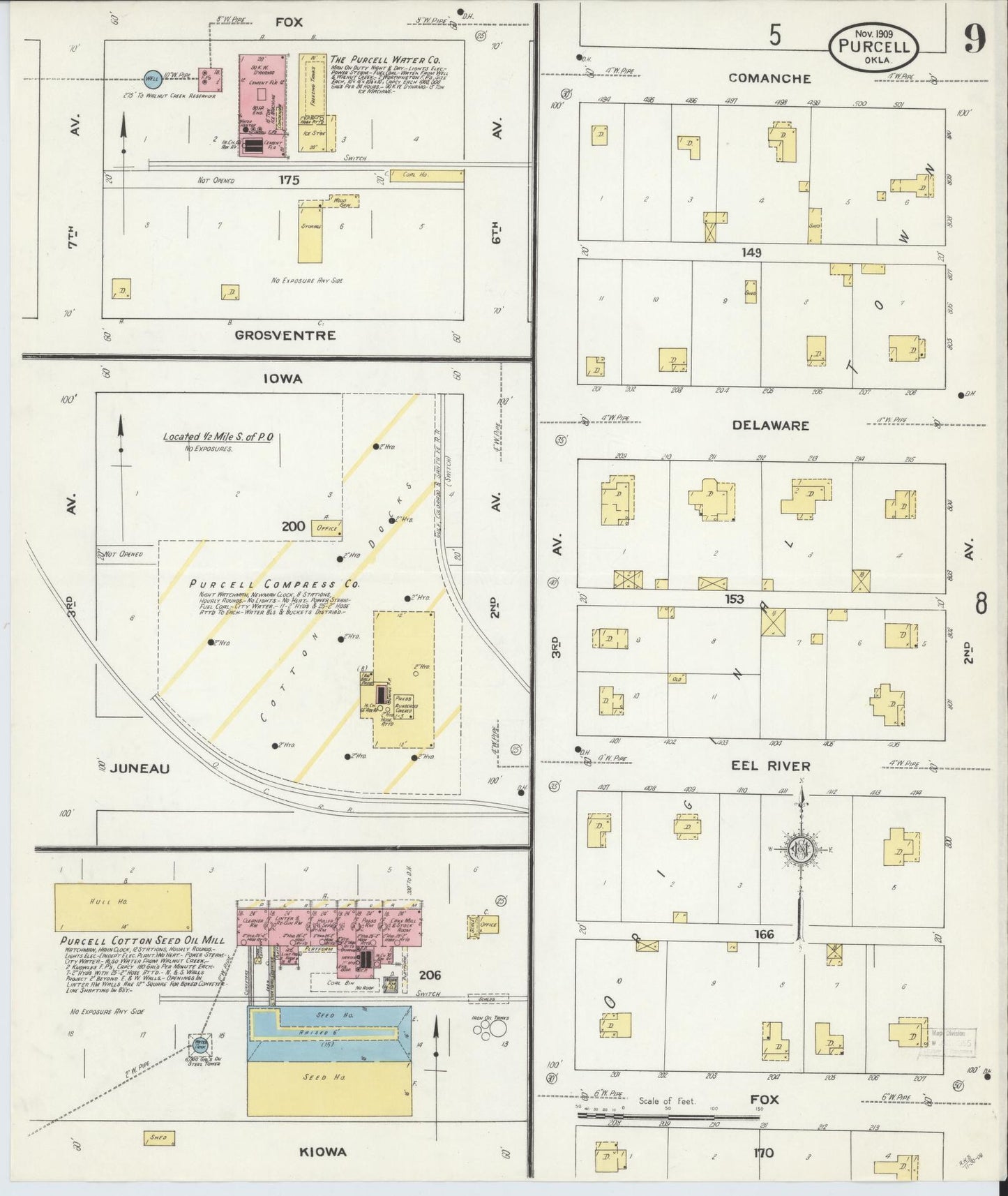 Sanborn Fire Insurance Map from Purcell, McClain County, Oklahoma (1909), Sheet #0009 - Historic Sanborn Fire Insurance Map Print, vintage old map wall art, antique decor, genealogy gift, Oklahoma Oklahoma map