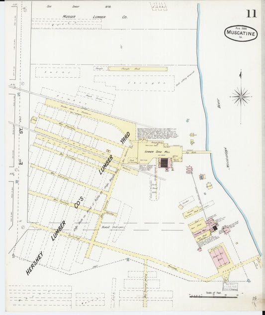 Sanborn Fire Insurance Map from Muscatine, Muscatine County, Iowa (1888), Sheet #0011 - Historic Sanborn Fire Insurance Map Print, vintage old map wall art