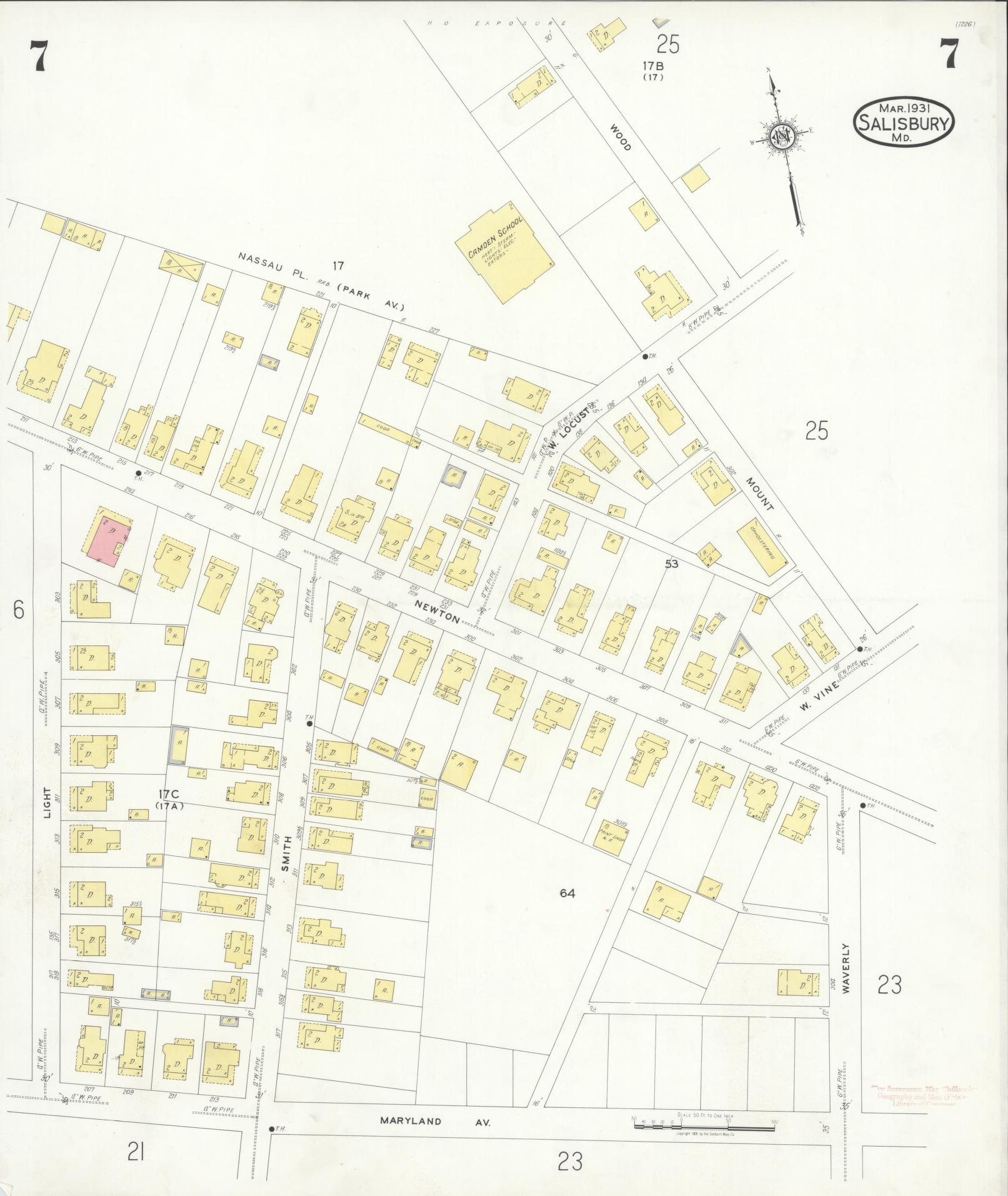 Sanborn Fire Insurance Map from Salisbury, Wicomico County, Maryland (1931), Sheet #0007 - Historic Sanborn Fire Insurance Map Print, vintage old map wall art, antique decor, genealogy gift, Maryland Maryland map