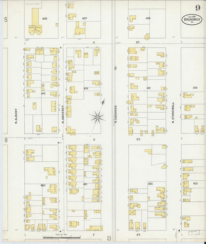 Sanborn Fire Insurance Map from Brunswick, Glynn County, Georgia (1898), Sheet #0009 - Complete Map Set gallery image, historic Sanborn map, vintage wall art, Georgia Georgia