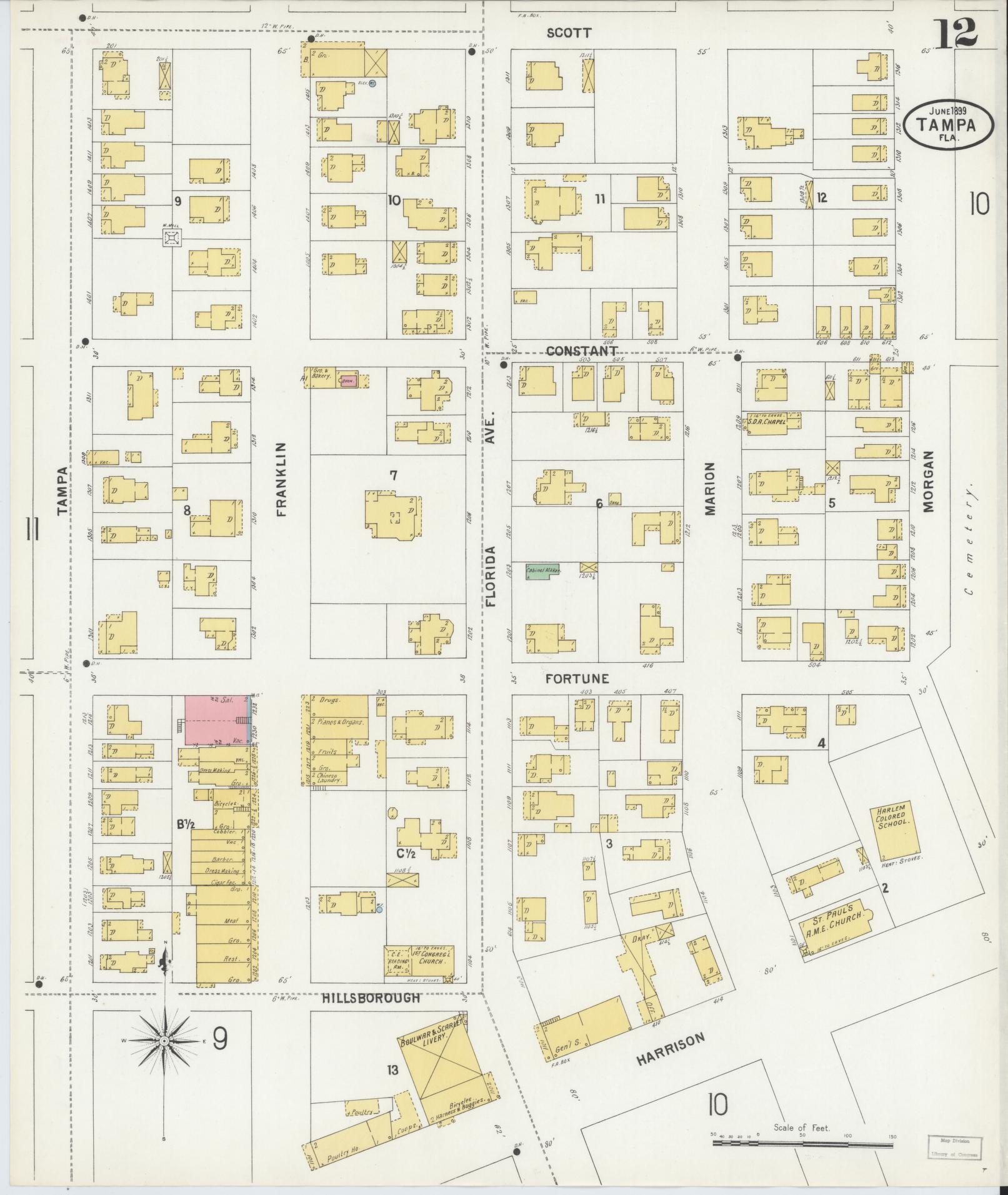 Sanborn Fire Insurance Map from Tampa, Hillsborough County, Florida (1899), Sheet #0012 - Complete Map Set gallery image, historic Sanborn map, vintage wall art, Florida Florida