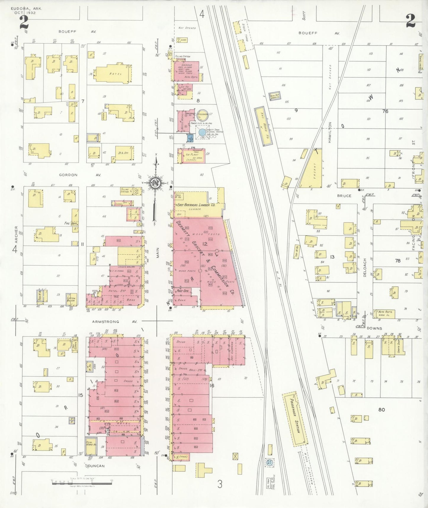 Sanborn Fire Insurance Map from Eudora, Chicot County, Arkansas (1932), Sheet #0002 - Complete Map Set gallery image, historic Sanborn map, vintage wall art, Arkansas Arkansas