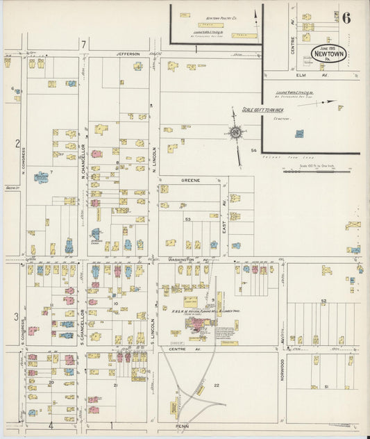 Sanborn Fire Insurance Map from Newtown, Bucks County, Pennsylvania (1915), Sheet #0006 - Historic Sanborn Fire Insurance Map Print, vintage old map wall art, antique decor, genealogy gift, Pennsylvania Pennsylvania map