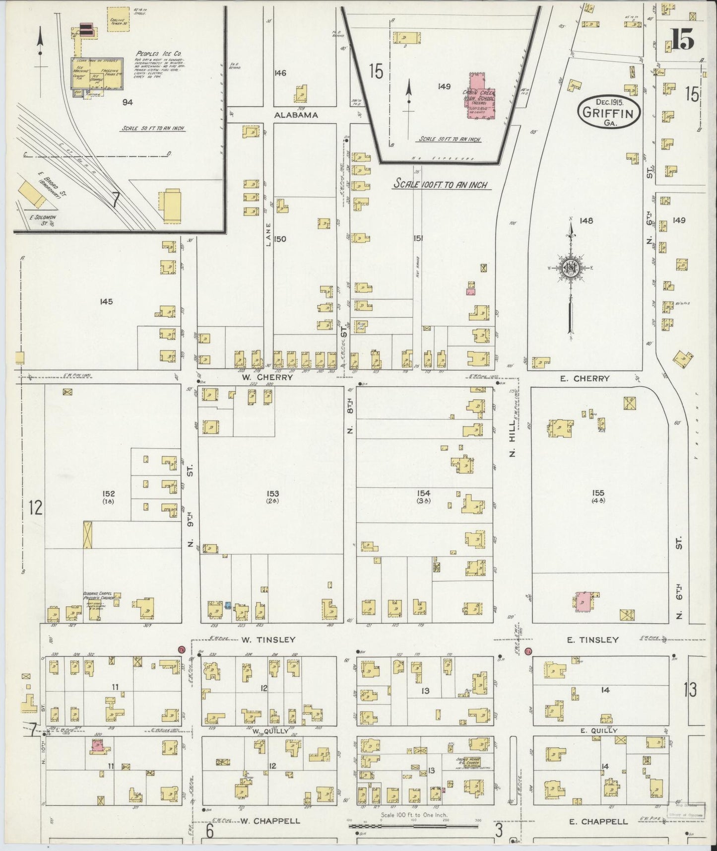 Sanborn Fire Insurance Map from Griffin, Spalding County, Georgia (1915), Sheet #0015 - Complete Map Set gallery image, historic Sanborn map, vintage wall art, Georgia Georgia