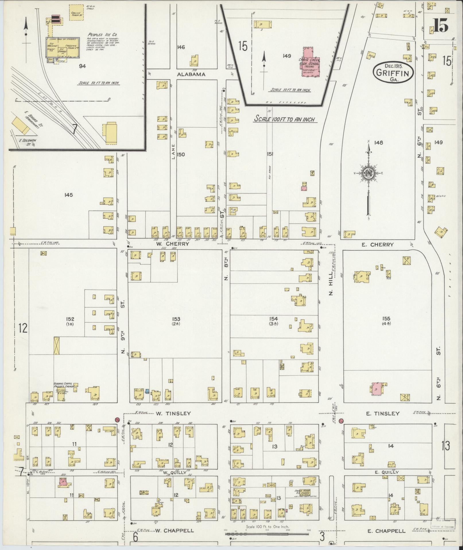 Sanborn Fire Insurance Map from Griffin, Spalding County, Georgia (1915), Sheet #0015 - Complete Map Set gallery image, historic Sanborn map, vintage wall art, Georgia Georgia
