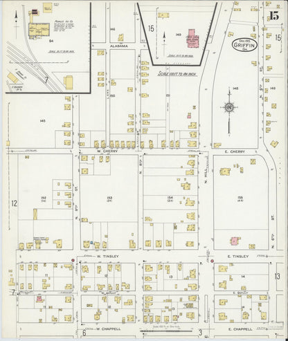 Sanborn Fire Insurance Map from Griffin, Spalding County, Georgia (1915), Sheet #0015 - Complete Map Set gallery image, historic Sanborn map, vintage wall art, Georgia Georgia