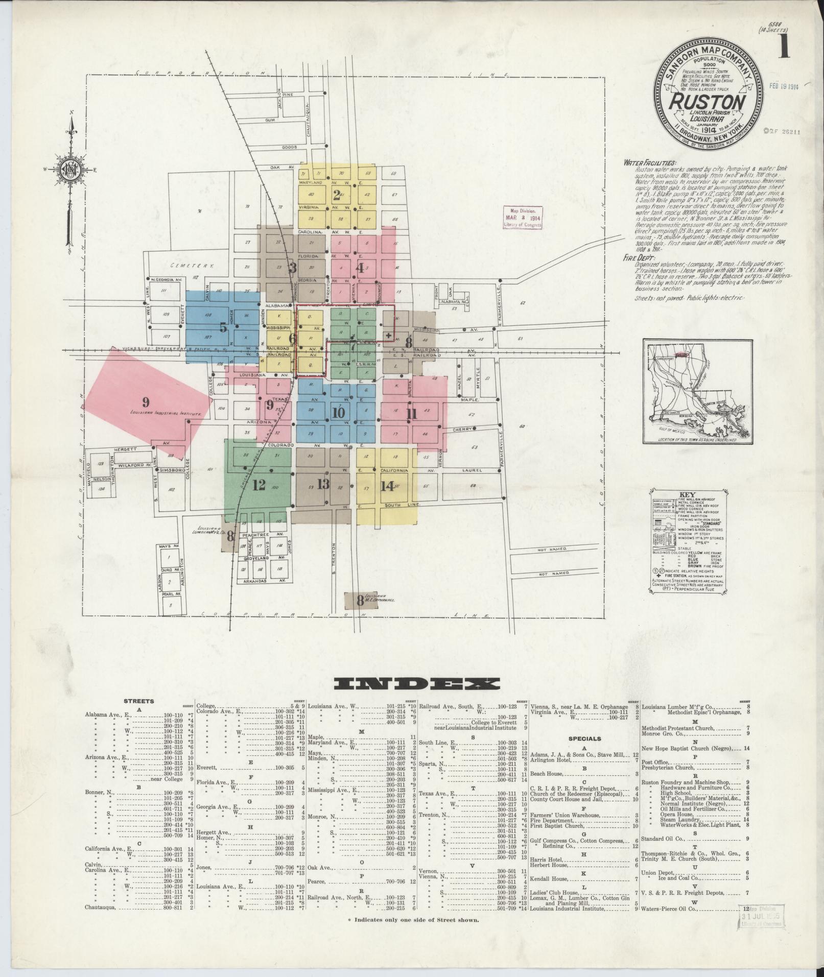 Sanborn Fire Insurance Map from Ruston, Lincoln Parish, Louisiana (1914), Sheet #0001 - Historic Sanborn Fire Insurance Map Print, vintage old map wall art, antique decor, genealogy gift, Louisiana Louisiana map