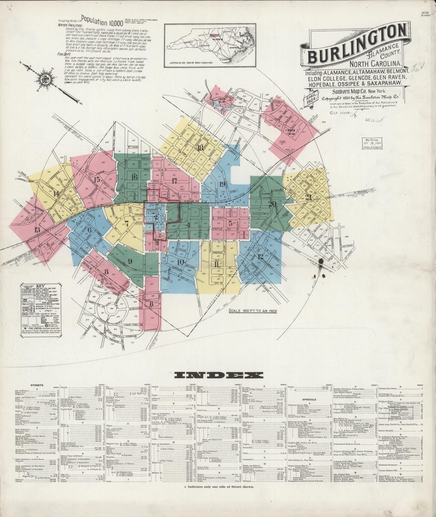 Sanborn Fire Insurance Map from Burlington, Alamance County, North Carolina (1924), Sheet #0001 - Complete Map Set gallery image, historic Sanborn map, vintage wall art, North Carolina North Carolina