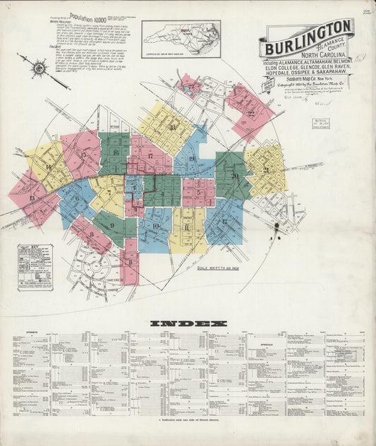 Sanborn Fire Insurance Map from Burlington, Alamance County, North Carolina (1924), Sheet #0001 - Complete Map Set gallery image, historic Sanborn map, vintage wall art, North Carolina North Carolina