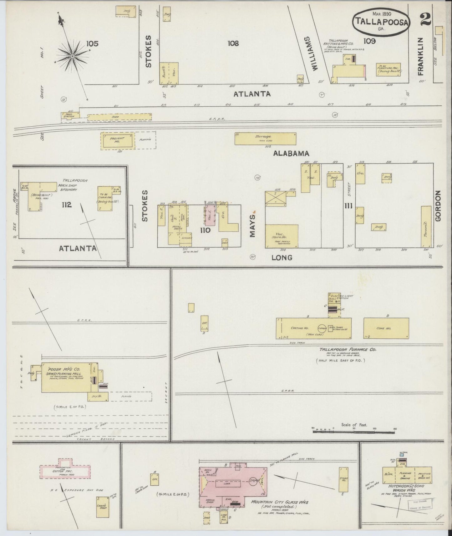 Sanborn Fire Insurance Map from Tallapoosa, Haralson County, Georgia (1890), Sheet #0002 - Historic Sanborn Fire Insurance Map Print, vintage old map wall art, antique decor, genealogy gift, Georgia Georgia map