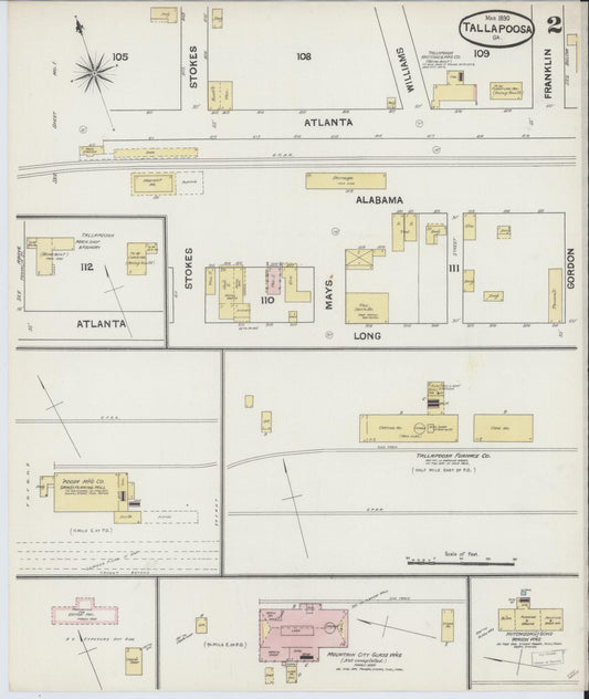 Sanborn Fire Insurance Map from Tallapoosa, Haralson County, Georgia (1890), Sheet #0002 - Historic Sanborn Fire Insurance Map Print, vintage old map wall art, antique decor, genealogy gift, Georgia Georgia map