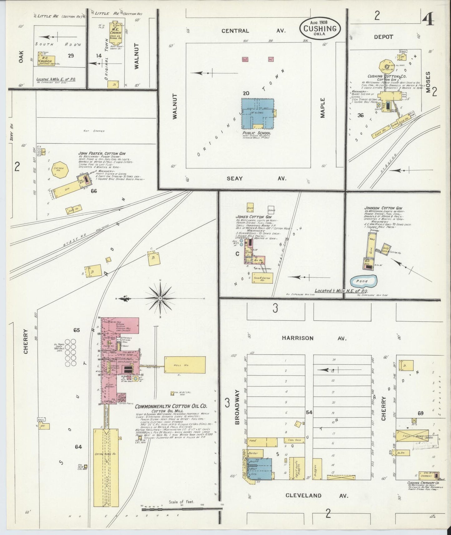 Sanborn Fire Insurance Map from Cushing, Payne County, Oklahoma (1908), Sheet #0004 - Complete Map Set gallery image, historic Sanborn map, vintage wall art, Oklahoma Oklahoma