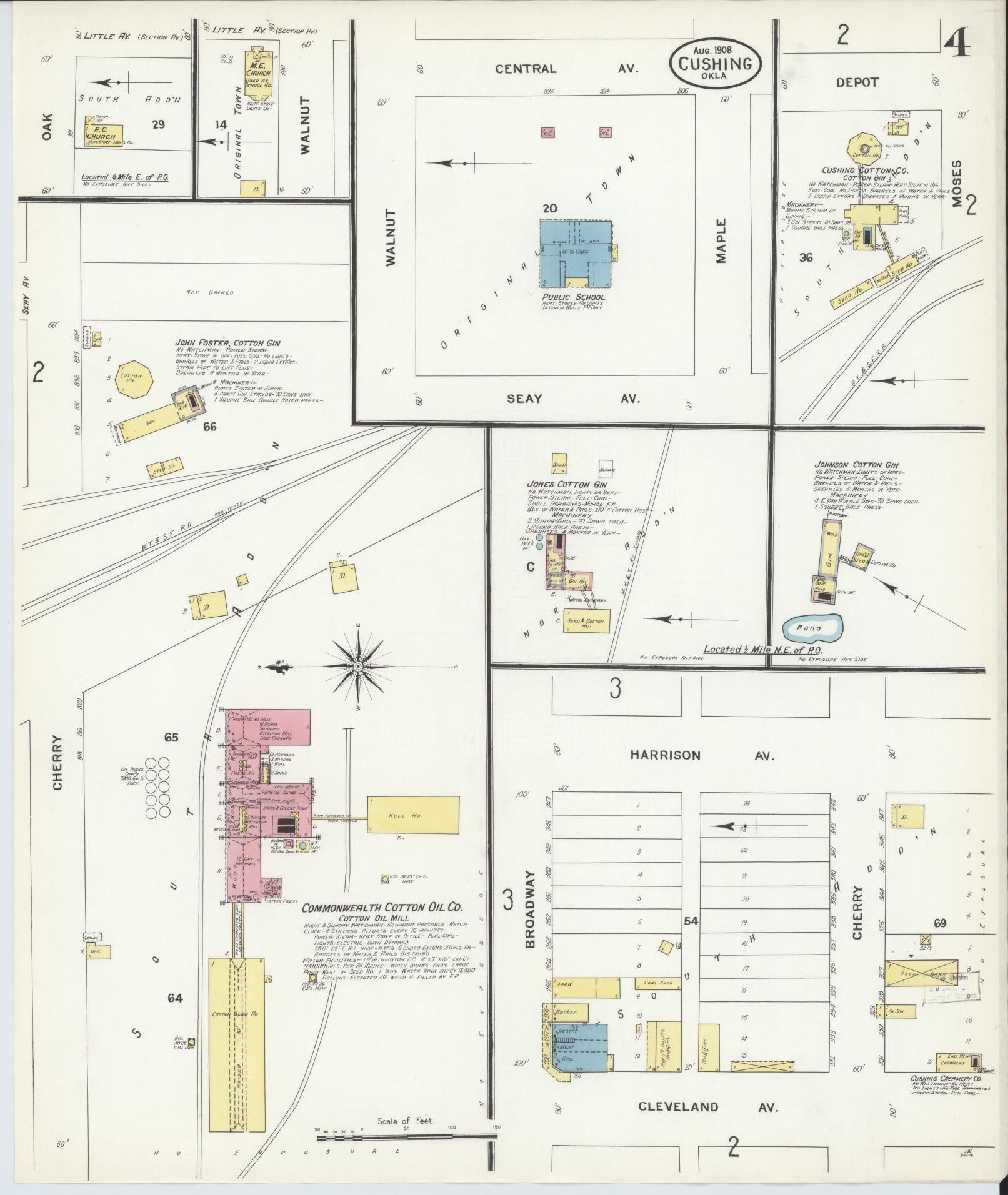 Sanborn Fire Insurance Map from Cushing, Payne County, Oklahoma (1908), Sheet #0004 - Complete Map Set gallery image, historic Sanborn map, vintage wall art, Oklahoma Oklahoma