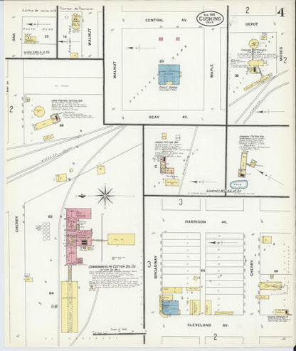 Sanborn Fire Insurance Map from Cushing, Payne County, Oklahoma (1908), Sheet #0004 - Complete Map Set gallery image, historic Sanborn map, vintage wall art, Oklahoma Oklahoma