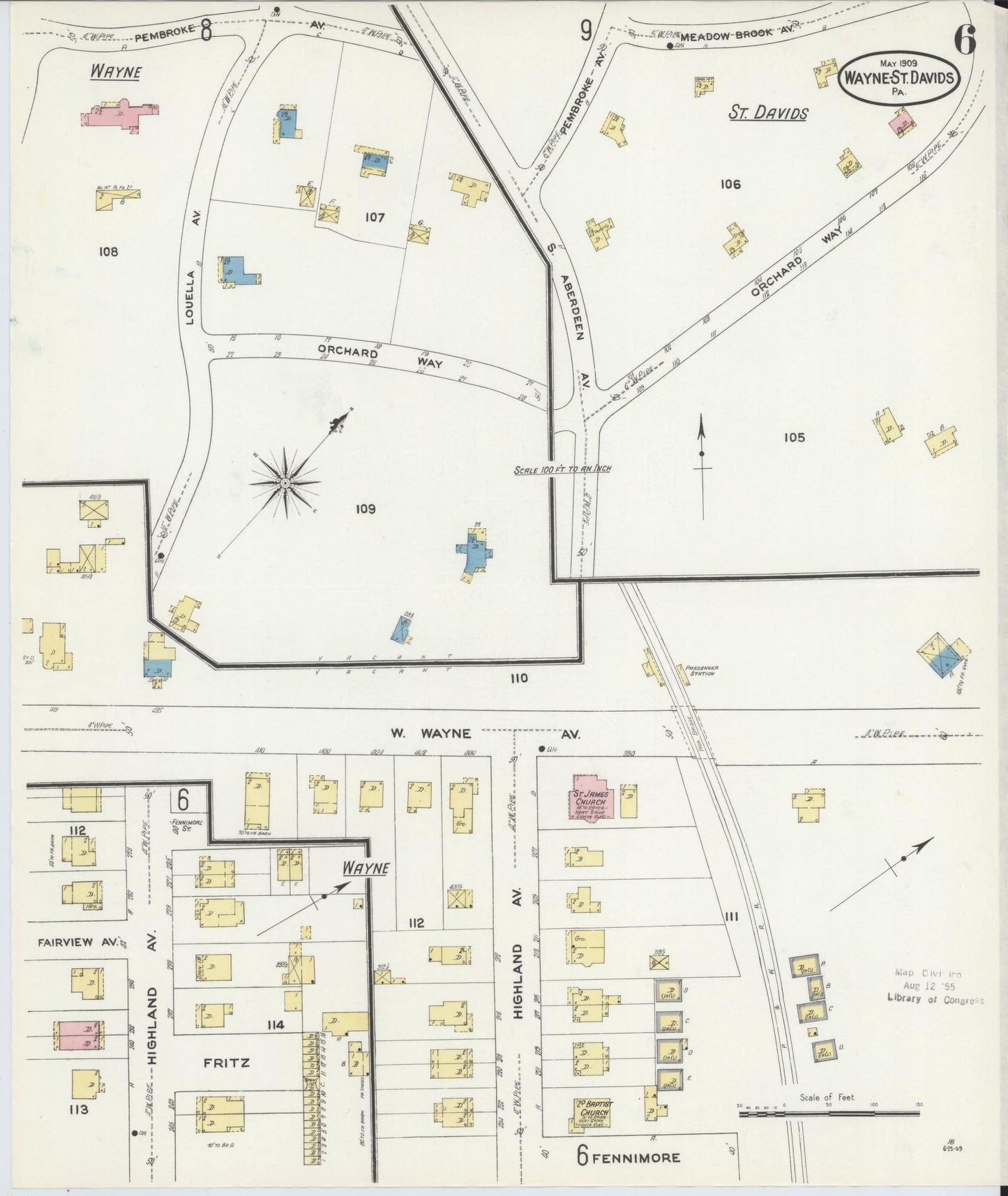 Sanborn Fire Insurance Map from Wayne, Delaware County, Pennsylvania (1909), Sheet #0006 - Complete Map Set gallery image, historic Sanborn map, vintage wall art, Wayne Delaware