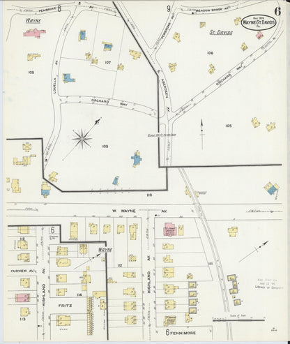 Sanborn Fire Insurance Map from Wayne, Delaware County, Pennsylvania (1909), Sheet #0006 - Complete Map Set gallery image, historic Sanborn map, vintage wall art, Wayne Delaware
