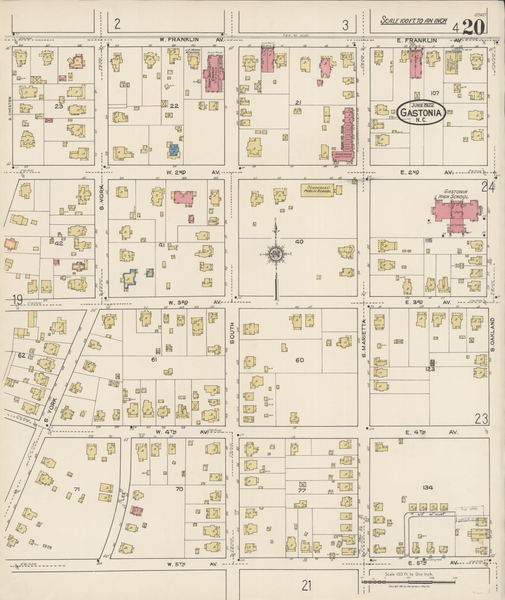 Sanborn Fire Insurance Map from Gastonia, Gaston County, North Carolina (1922), Sheet #0020 - Historic Sanborn Fire Insurance Map Print, vintage old map wall art, antique decor, genealogy gift, North Carolina North Carolina map