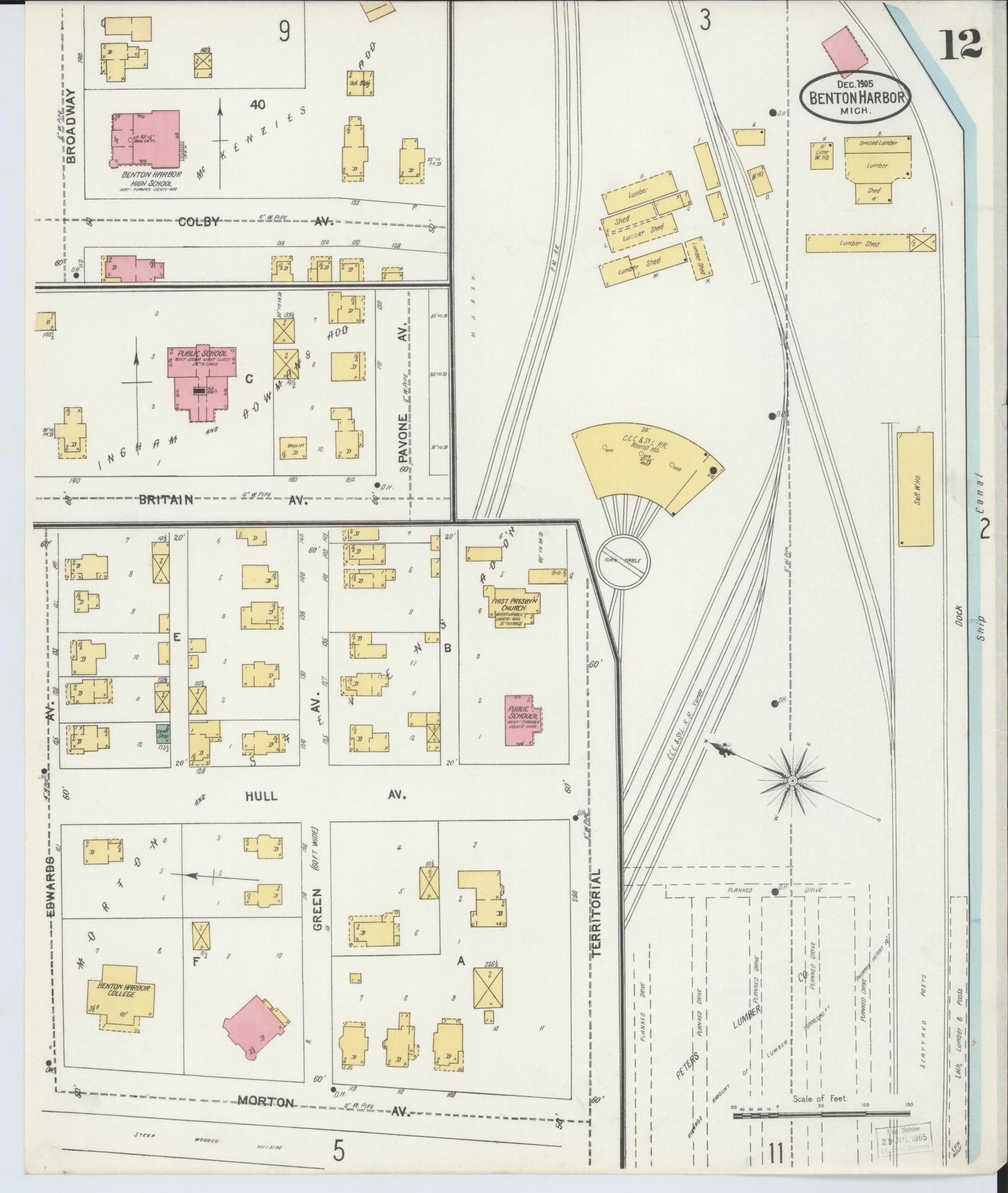 Sanborn Fire Insurance Map from Benton Harbor, Berrien County, Michigan (1905), Sheet #0012 - Complete Map Set gallery image, historic Sanborn map, vintage wall art, Michigan Michigan